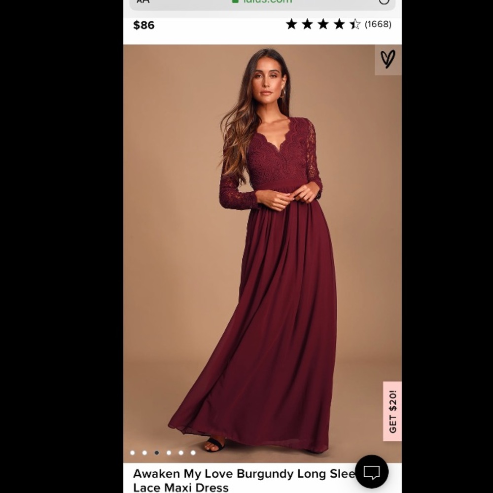 Lulu’s “Awaken my love” burgundy lace maxi dress.